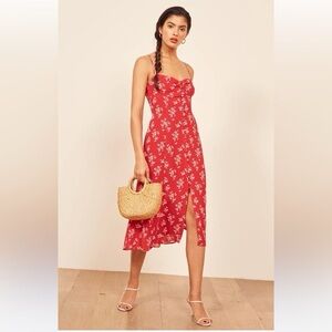 Reformation Cybill Floral Sweetheart Button-Up Midi Dress in Red